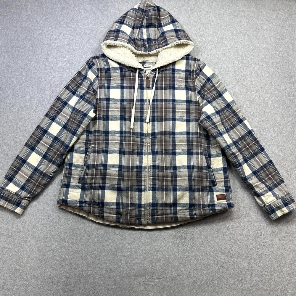 LL Bean Jacket Womens Petite Medium Blue Plaid Flannel Sherpa Lined Hooded Zip